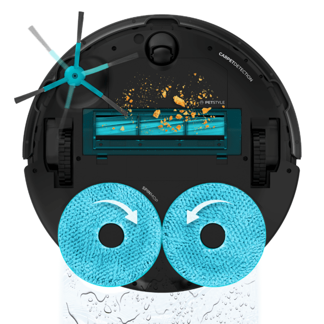 Cecotec Conga 13090 Spin Evolution Home&Wash Robot aspirador Base 4 en 1. Cuenta con tecnología láser. Incluye 2 cepillos centrales intercambiables: uno mixto y uno de silicona óptimo para pelo de mascotas. Mopas giratorias. Outlet online