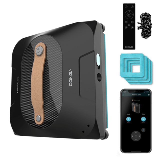 Cecotec Conga Windroid 1390 Double Spray Connected Robot limpiacristales 3 en 1: pulveriza limpia y seca. Pulveriza con spray en cada lateral. 8 modos de limpieza. Incluye app y mando para un control total de movimiento. 4 mopas