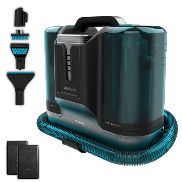 Cecotec Conga Carpet&Spot Clean Infinity Limpiatapicerías coon Potencia de 150 W. 2 baterías intercambiables. 60 minutos de autonomía. Pulverizador de agua y accesorio para ventanas. Limpiatapicerías