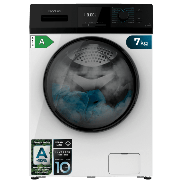 Cecotec Bolero Dresscode 7410 Inverter A Lavadora de carga frontal de 7 kg de capacidad y 1200 rpm Clase A-10% 16 programas Motor Inverter Plus SteamMax Drum Clean Allergy Care Diamond Care Delay Start Stop&Go programa ECO y Kid