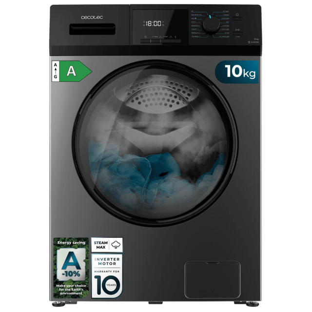 Cecotec Bolero DressCode 10410 Inverter Steel A Lavadora de carga frontal steel de 10 kg de capacidad y 1400 rpm Clase A-10% 16 programas Motor Inverter Plus SteamMax Drum Clean Allergy Care Diamond Care Delay Start Stop&Go prog
