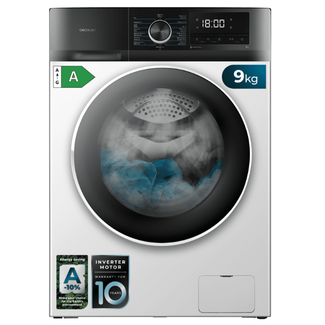 Cecotec Bolero DressCode 9500 Inverter A Lavadora de carga frontal de 9 Kg blanca 1400 rpm Motor Inverter Plus SteamMax Drum Clean Allergy Care Pearl Drum Delay Start Stop&Go display LED y acabados cromados programa ECO y KidLoc