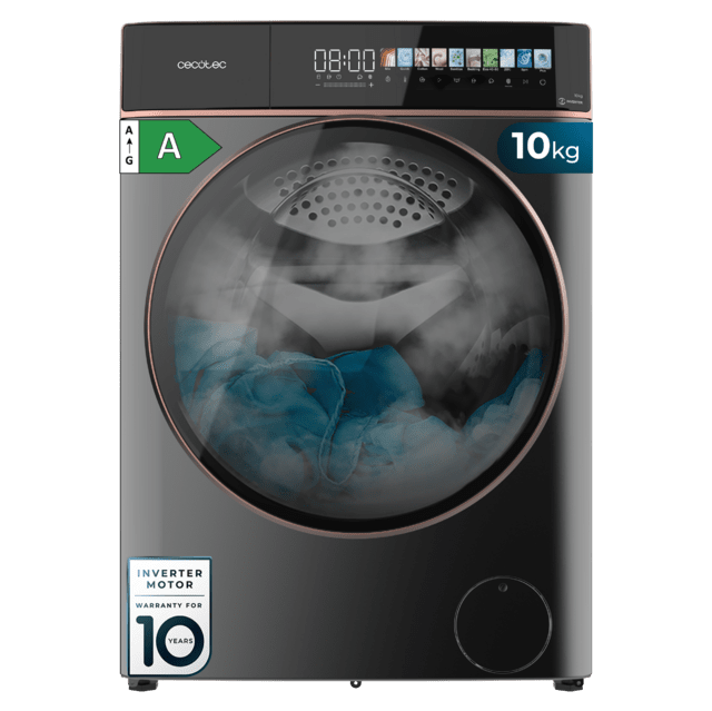 Cecotec Bolero DressCode 10900 Inverter FullColor Steel A Lavadora de carga frontal steel de 10 kg de capacidad y 1400 rpm Pantalla FullColor 10 3" 11 programas Motor Inverter Plus SteamMax Clase A Sanitize OnSmart Fuzzy Logic S
