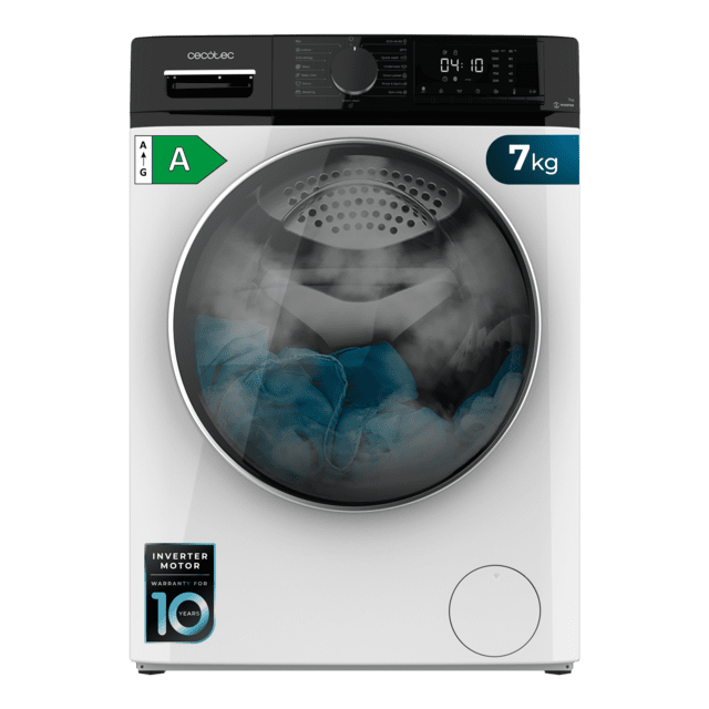 Cecotec Bolero DressCode 7610 Inverter A Lavadora de carga frontal blanca de 7 Kg de capacidad 1400 RPM Clase A Steam Max Motor inverter plus 15 programas OnSmart Fuzzy Logic Smooth Wash Stop&Go Goma antibacteriana y Drum Clean.