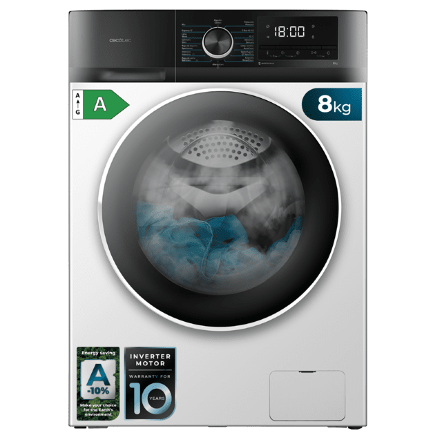 Cecotec Bolero DressCode 8500 Inverter A Lavadora de carga frontal de 8 Kg blanca 16 programas 1400 rpm Motor Inverter Plus SteamMax Drum Clean Allergy Care Pearl Drum Delay Start Stop&Go display LED y acabados cromados programa