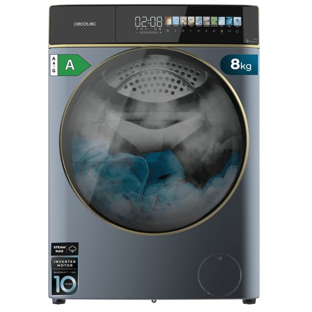 Cecotec Bolero DressCode 8900 Inverter FullColor Ice Blue A Lavadora de carga frontal ice blue de 8 kg de capacidad y 1400 rpm Pantalla FullColor 10 3" 11 programas Motor Inverter Plus SteamMax Clase A Sanitize OnSmart Fuzzy Log