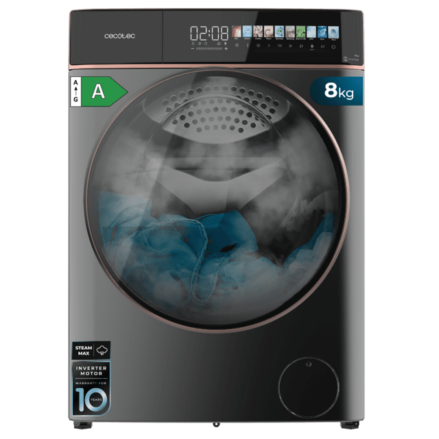 Cecotec Bolero DressCode 8900 Inverter FullColor Steel A Lavadora de carga frontal steel de 8 kg de capacidad y 1400 rpm Pantalla FullColor 10 3" 11 programas Motor Inverter Plus SteamMax Clase A Sanitize OnSmart Fuzzy Logic Smo