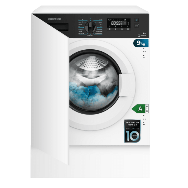 Cecotec Bolero DressCode 940 BI Inverter A Lavadora integrable de 9kg de capacidad y 1350 rpm 16 programas clase A Motor Inverter Plus SteamMax. Lavadora integrable de 9kg Ahorra y exporta
