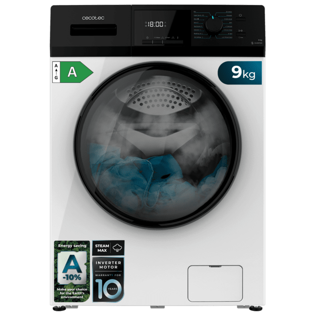 Cecotec Bolero Dresscode 9410 Inverter A Lavadora de carga frontal de 9 kg de capacidad y 1400 rpm Clase A-10% 16 programas Motor Inverter Plus SteamMax Drum Clean Allergy Care Diamond Care Delay Start Stop&Go programa ECO y Kid