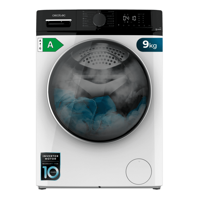 Cecotec Bolero DressCode 9610 Inverter A Lavadora de carga frontal blanca de 9 Kg de capacidad 1400 RPM Clase A Steam Max Motor inverter plus 15 programas OnSmart Fuzzy Logic Smooth Wash Stop&Go Goma antibacteriana y Drum Clean.