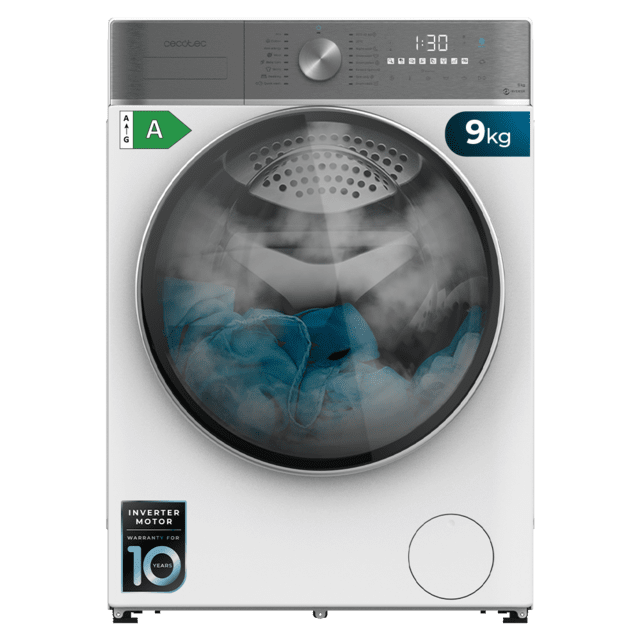 Cecotec Bolero DressCode 9800 Inverter A Lavadora de carga frontal de 9 kg de capacidad y 1400 rpm 16 programas Motor Inverter Plus SteamMax Carga automática y Display táctil XXL. Clase A. Lavadora de carga frontal de 9 kg