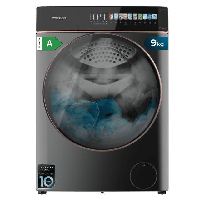 Cecotec Bolero DressCode 9900 Autodose Inverter FullColor Steel A Lavadora Autodosis de carga frontal steel de 9 kg de capacidad y 1400 rpm Pantalla FullColor 10 3" 11 programas Motor Inverter Plus SteamMax Clase A Sanitize OnSm