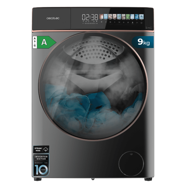 Cecotec Bolero DressCode 9900 Inverter FullColor Steel A Lavadora de carga frontal steel de 9 kg de capacidad y 1400 rpm Pantalla FullColor 10 3" 11 programas Motor Inverter Plus SteamMax Clase A Sanitize OnSmart Fuzzy Logic Smo