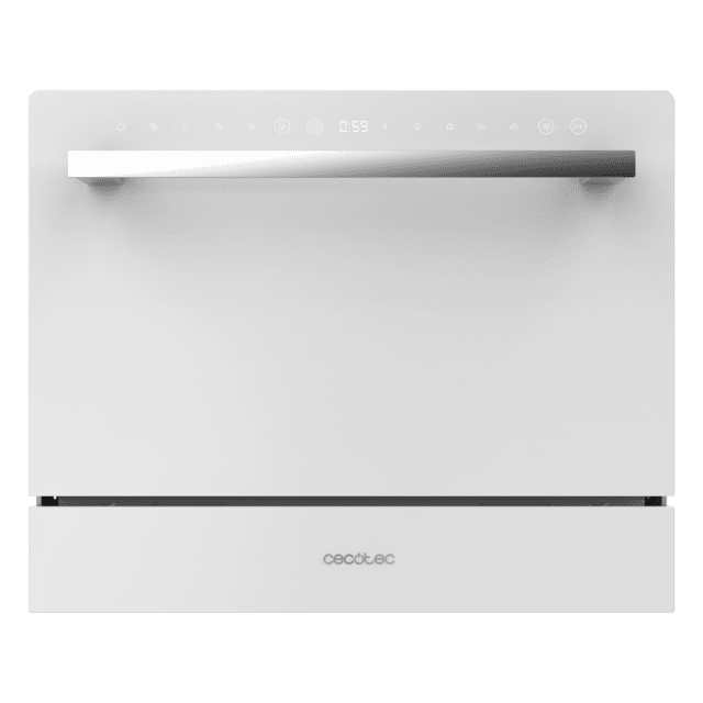 Cecotec Bolero Aguazero 2400 White Glass Lavavajiillas compacto de 6 servicios acabado cristal blanco con clase energética D 5 programas Touch Control Panel funciones Delay Start y Child Lock y cesta para cubiertos Lavavajiilla Libre de impuestos