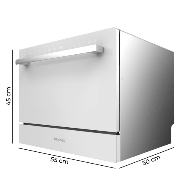 Cecotec Bolero Aguazero 2400 White Glass Lavavajiillas compacto de 6 servicios acabado cristal blanco con clase energética D 5 programas Touch Control Panel funciones Delay Start y Child Lock y cesta para cubiertos Lavavajiilla Libre de impuestos