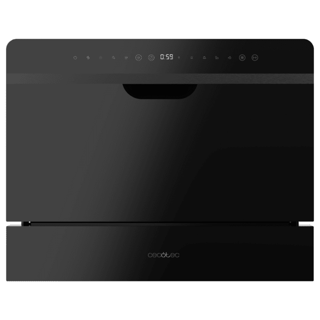 Cecotec Bolero Aguazero 2500 S-BI Black Glass Lavavajiillas semi-integrable compacto de 6 servicios acabado cristal negro con clase energética D 5 programas Touch Control Panel funciones Delay Start y Child Lock y cesta para cu Descuentos del mes