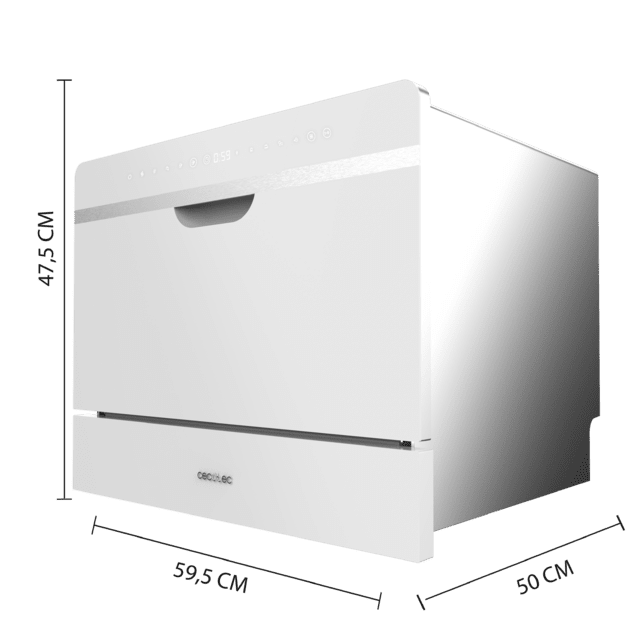 Cecotec Bolero Aguazero 2500 S-BI White Glass Lavavajiillas semi-integrable compacto de 6 servicios acabado cristal blanco con clase energética D 5 programas Touch Control Panel funciones Delay Start y Child Lock y cesta para c Oferta exclusiva