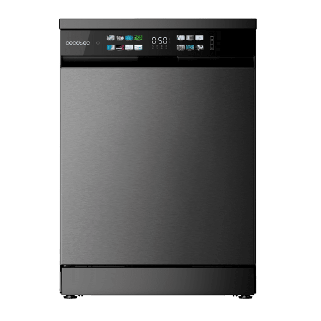 Cecotec Bolero Aguazero 6210 Dark D Lavavajillas Bolero de 60cm dark 15 cubiertos Clase D Pantalla FullColor XXL Tercera bandeja 8 programas Dual Zone Wash Dry+ Bandeja Ajustable Machine Care Media Carga Delay Start y Child Lock Outlet