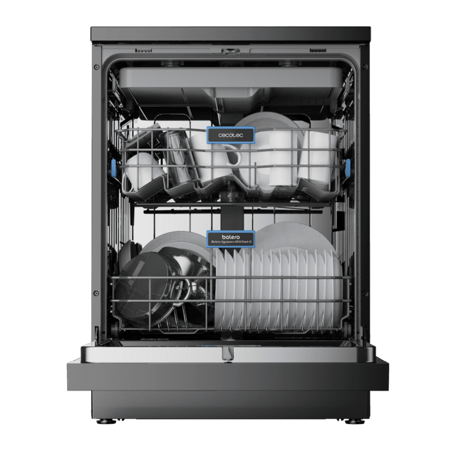 Cecotec Bolero Aguazero 6210 Dark D Lavavajillas Bolero de 60cm dark 15 cubiertos Clase D Pantalla FullColor XXL Tercera bandeja 8 programas Dual Zone Wash Dry+ Bandeja Ajustable Machine Care Media Carga Delay Start y Child Lock Outlet