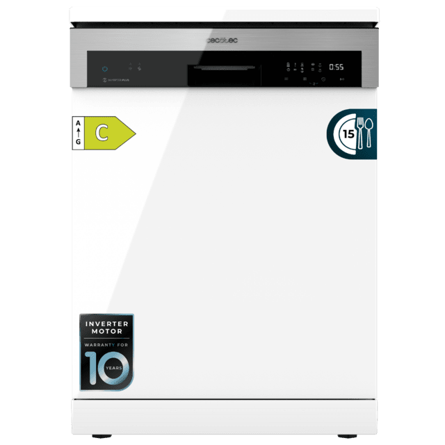 Cecotec Bolero Aguazero 6500 C Lavavajillas de 60cm 15 cubiertos tercera bandeja 6 programas con Dual Zone Wash Auto Open media carga comienzo diferido y Motor Inverter Plus. Lavavajillas