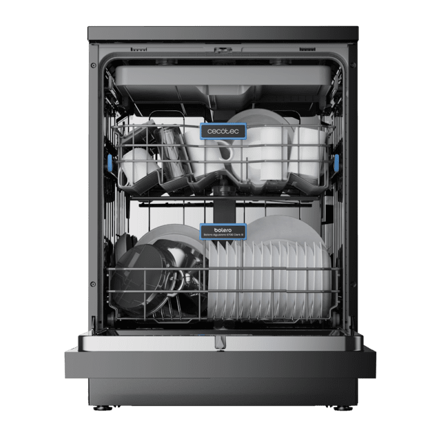 Cecotec Bolero Aguazero 6700 Dark B Lavavajillas Bolero de 60cm dark 15 cubiertos Clase B Motor Inverter Plus Pantalla FullColor XXL 8 programas O2 Dry Turbo Dry+ Dual Zone Wash Long Storage Bandeja Ajustable Machine Care Media Rebajas de fábrica