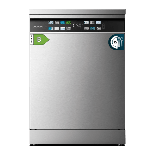 Cecotec Bolero Aguazero 6700 Inox B Lavavajillas Bolero de 60cm inox 15 cubiertos Clase B Motor Inverter Plus Pantalla FullColor XXL 8 programas O2 Dry Turbo Dry+ Dual Zone Wash Long Storage Bandeja Ajustable Machine Care Media