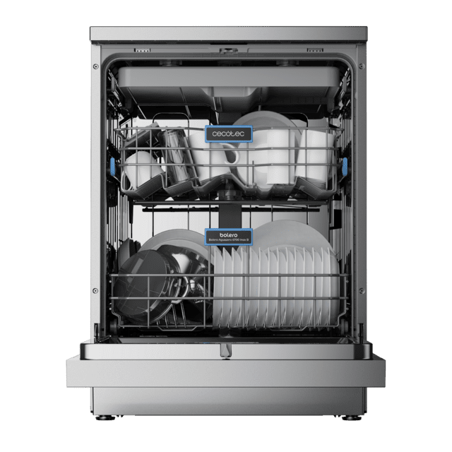 Cecotec Bolero Aguazero 6700 Inox B Lavavajillas Bolero de 60cm inox 15 cubiertos Clase B Motor Inverter Plus Pantalla FullColor XXL 8 programas O2 Dry Turbo Dry+ Dual Zone Wash Long Storage Bandeja Ajustable Machine Care Media Los más vendidos