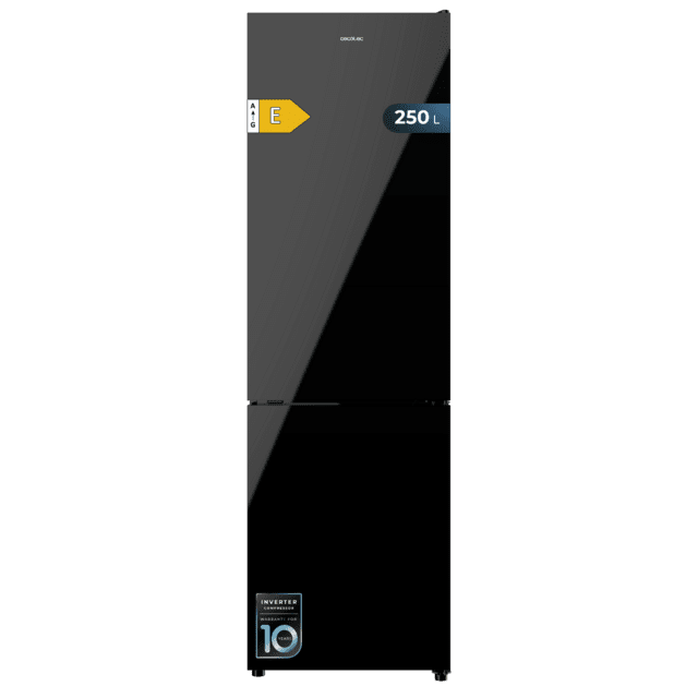 Cecotec Bolero CoolMarket Combi 250 Black Glass E Frigorífico combi cristal negro 180cm de alto y 55 cm de ancho con 250 litros de capacidad Total No Frost clase energética E con sistema Multi Air Flow.Además cuenta con el mo