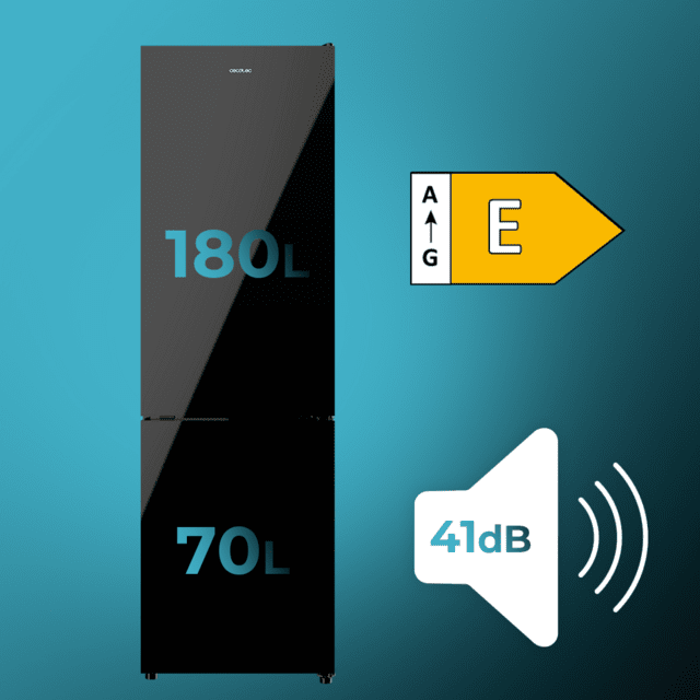 Cecotec Bolero CoolMarket Combi 250 Black Glass E Frigorífico combi cristal negro 180cm de alto y 55 cm de ancho con 250 litros de capacidad Total No Frost clase energética E con sistema Multi Air Flow.Además cuenta con el mo Solo queda un día