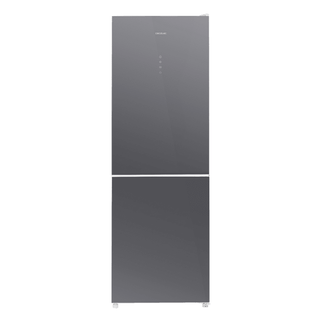 Cecotec Bolero CoolMarket Combi 322 Glass Grey D Frigorífico combi de cristal color gris con 322 litros de capacidad 185 cm de alto y 60 cm de ancho motor inverter y clase D Metal Cooling Total No Frost y 2 cajones para los pro