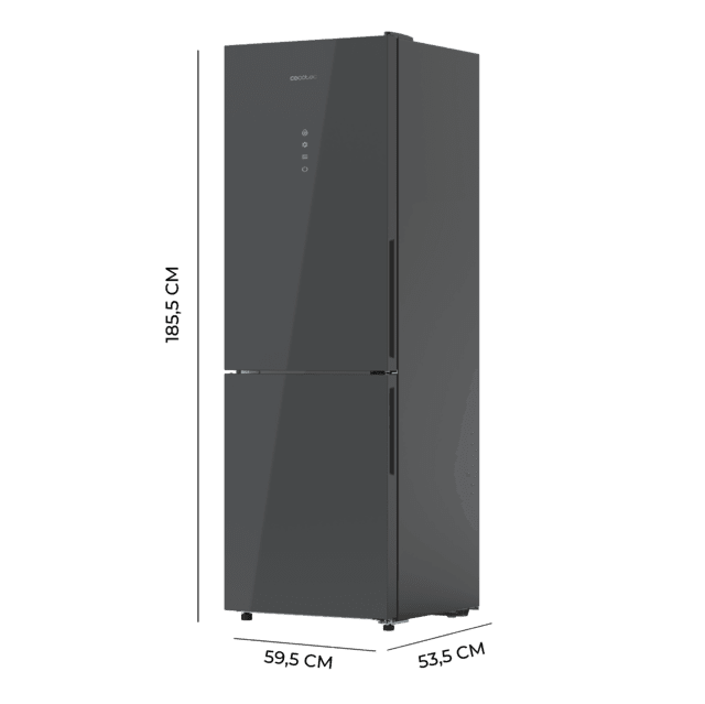 Cecotec Bolero CoolMarket Combi 322 Glass Grey D Frigorífico combi de cristal color gris con 322 litros de capacidad 185 cm de alto y 60 cm de ancho motor inverter y clase D Metal Cooling Total No Frost y 2 cajones para los pro Descuento por venta flash