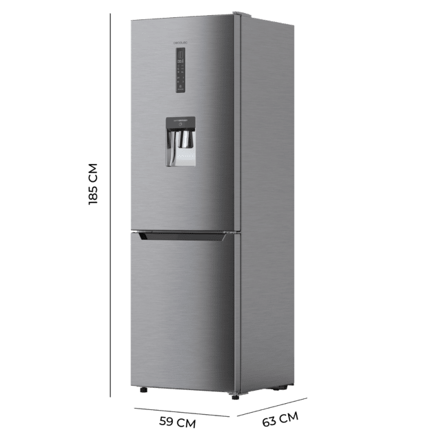 Cecotec Bolero CoolMarket Combi 322 WD Inox E Frigorífico combi inox 185 5cm de alto y 59 5 cm de ancho con 322 litros de capacidad compresor Inverter Plus Total No Frost dispensador de agua clase energética D y con sistema Mu Grandes ahorros