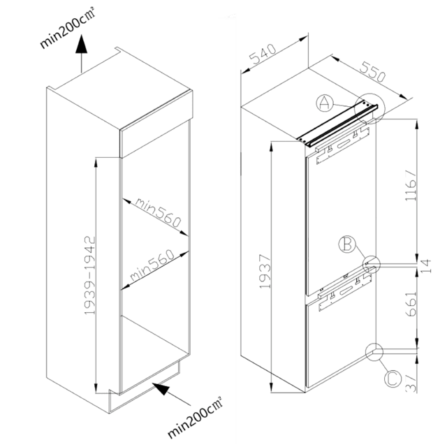 Cecotec Bolero CoolMarket Combi BI-D FLW 267 E Frigorífico combi integrable con puerta fija de 267 litros de capacidad 193 7 y 54 cm de ancho clase E Total No Frost Compresor Inverter y Full LED Wall; y con tecnologías Fast Co En oferta