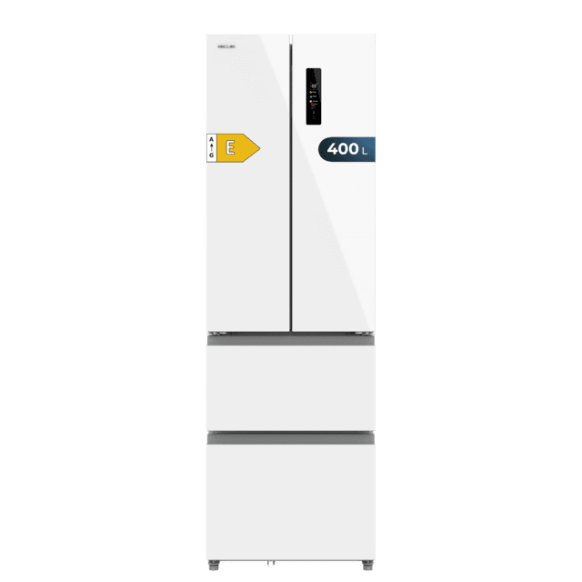 Cecotec Bolero CoolMarket Combi F2D 400 White Glass E Frigorífico Combi French Door 4 Puertas Cristal Blanco Capacidad de 400 Litros Ancho de 60 cm y alto de 191 cm Sistema Total NoFrost Max Inside Distribución de frío Multi