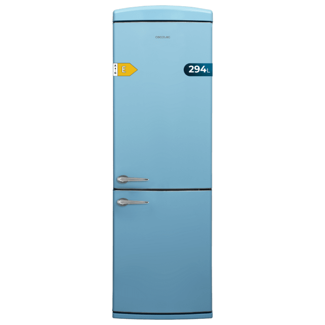 Cecotec Bolero CoolMarket Combi Origin 294+ Blue E Frigorífico retro combi azul 190cm de alto y 60 de ancho capacidad 294L Total No Frost clase energética E Multi Cooling Ultra Fresh Convertible Box Multi Air Flow Fast Freezin