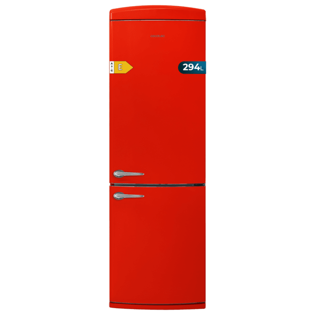 Cecotec Bolero CoolMarket Combi Origin 294 Red E Frigorífico Retro de 294 L de capacidad 190cm de alto y 60 de ancho clase E Total No Frost Multi Cooling Ultra Fresh Convertible Box Multi Air Flow Fast Freezing Modo Eco Botelle