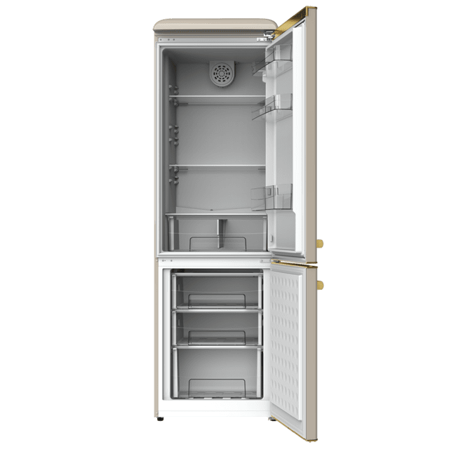 Cecotec Bolero CoolMarket Combi Origin 300 Beige E Frigorífico retro combi Origin Beige con capacidad de 300L clase E iluminación interior bandejas de cristal y tirador gold. Frigorífico combi retro / vintage Beige 300 L Promoción por tiempo limitado