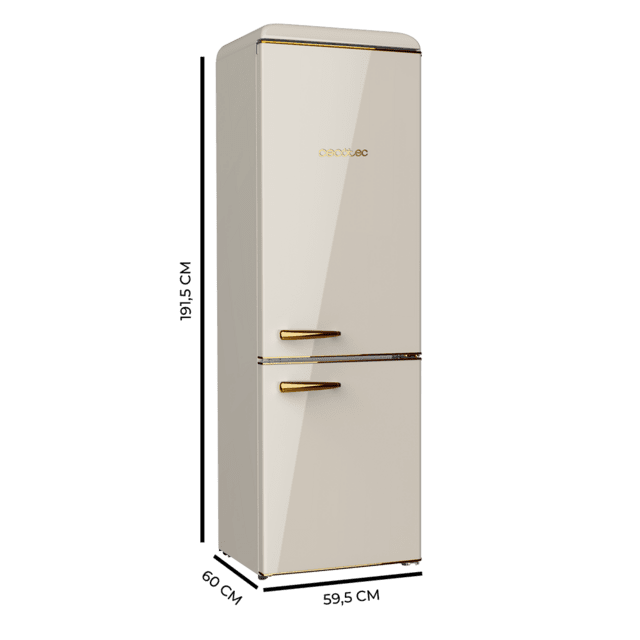 Cecotec Bolero CoolMarket Combi Origin 300 Beige E Frigorífico retro combi Origin Beige con capacidad de 300L clase E iluminación interior bandejas de cristal y tirador gold. Frigorífico combi retro / vintage Beige 300 L Promoción por tiempo limitado