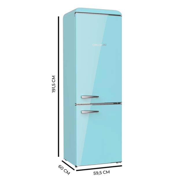 Cecotec Bolero CoolMarket Combi Origin 300 Blue E Frigorífico retro con capacidad de 300L clase E Luz interior Crisper Box control de temperatura tirador cromado y bandejas de cristal. Frigorífico retro combi  Solo hoy