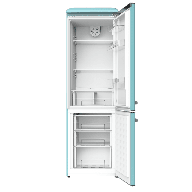 Cecotec Bolero CoolMarket Combi Origin 300 Blue E Frigorífico retro con capacidad de 300L clase E Luz interior Crisper Box control de temperatura tirador cromado y bandejas de cristal. Frigorífico retro combi  Solo hoy