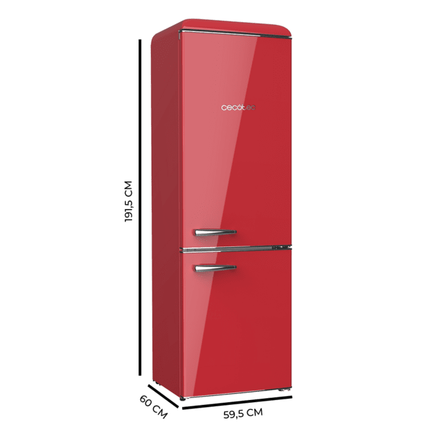 Cecotec Bolero CoolMarket Combi Origin 300 Red E Frigorífico retro con capacidad de 300L clase E Luz interior Crisper Box control de temperatura tirador cromado y bandejas de cristal. Frigorífico retro combi Promoción trimestral