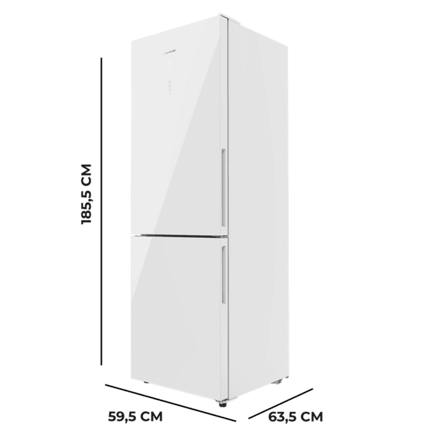 Cecotec Bolero CoolMarket Combi 322 Glass White E Frigorífico con congelador de cristal blanco con 322 litros de capacidad 185 cm de alto 60 cm ancho y clase energética E. Con sistema Multi Air Flow Total No Frost y 2 cajones Liquidación
