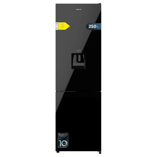 Cecotec Bolero CoolMarket Combi 250 WD Black Glass D Frigorífico combi cristal negro 180cm de alto y 55 cm de ancho con 250 litros de capacidad compresor Inverter Plus Total No Frost dispensador de agua clase energética D y co