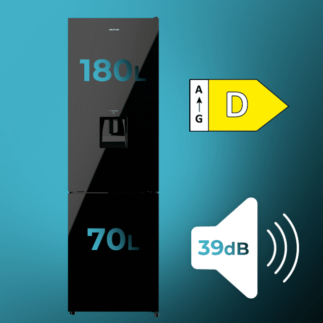Cecotec Bolero CoolMarket Combi 250 WD Black Glass D Frigorífico combi cristal negro 180cm de alto y 55 cm de ancho con 250 litros de capacidad compresor Inverter Plus Total No Frost dispensador de agua clase energética D y co Tienda de fábrica