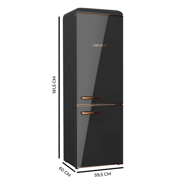 Cecotec Bolero CoolMarket Combi Origin 300 Black E Frigorífico retro combi con capacidad de 300L clase E Luz interior Crisper Box control de temperatura tirador cromado y bandejas de cristal. Frigorífico combi retro / vintage Precios de Black Friday