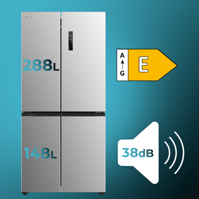 Cecotec Bolero CoolMarket 4D 436 Inox E Frigorífico 4 puertas inox 183cm alto y 83 6cm ancho capacidad 436L compresor Inverter Plus Total No Frost Alarma de puerta abierta clase energética E. Además cuenta con distintos modos Última moda