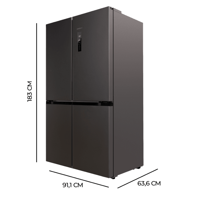 Cecotec Bolero CoolMarket 4D 490 Dark E Frigorífico 4 puertas Dark con una gran capacidad de 490 L 183 cm de alto 91 cm de ancho clase energética E y motor inverter plus. Además cuenta con distintos modos como Fast Cooling y Ofertas de temporada