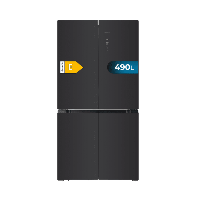 Cecotec Bolero CoolMarket 4D 490 Glass E Frigorífico 4 puertas Glass con una gran capacidad de 490 L 183 cm de alto 91 cm de ancho clase energética E y motor inverter plus. Además cuenta con distintos modos como Fast Cooling