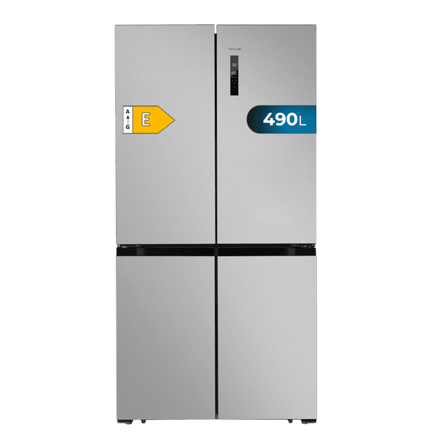 Cecotec Bolero CoolMarket 4D 490 Inox E Frigorífico 4 puertas inox con una gran capacidad de 490 L 183 cm de alto 91 cm de ancho clase energética E y motor inverter plus. Además cuenta con distintos modos como Fast Cooling y