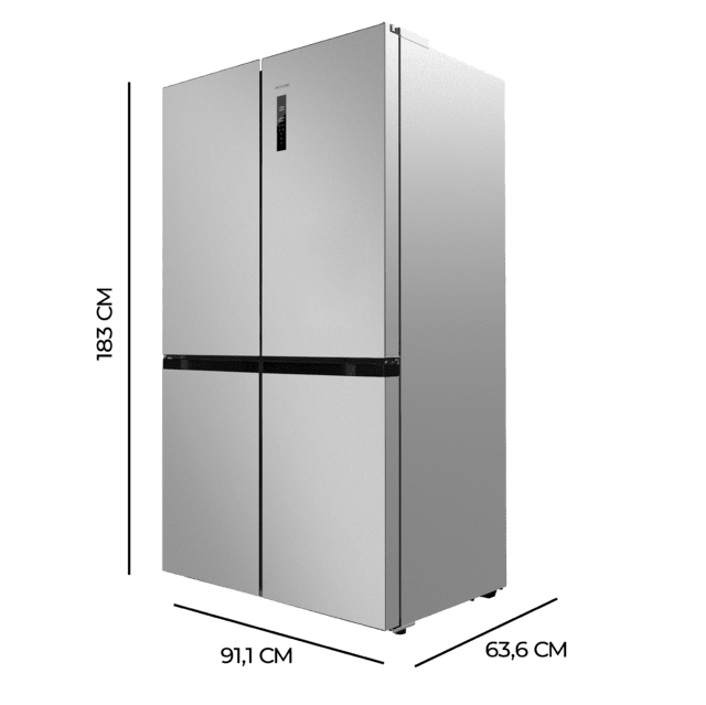 Cecotec Bolero CoolMarket 4D 490 Inox E Frigorífico 4 puertas inox con una gran capacidad de 490 L 183 cm de alto 91 cm de ancho clase energética E y motor inverter plus. Además cuenta con distintos modos como Fast Cooling y Grandes ahorros